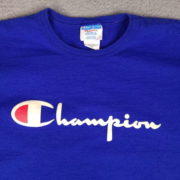 Vintage Champion Shirt Men's 2XL Blue Spell Out Felt Script Sports 90s - Picture 2 of 12